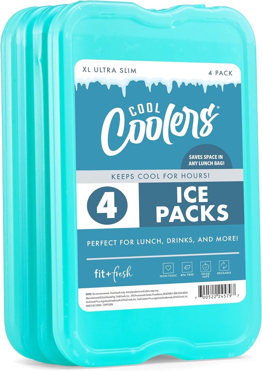 Cool Coolers by 4 Pack XL Slim Ice Packs, Quick Freeze Space Saving Reusable Ice Packs for Lunch Boxes or Coolers, Blue, 239ICE